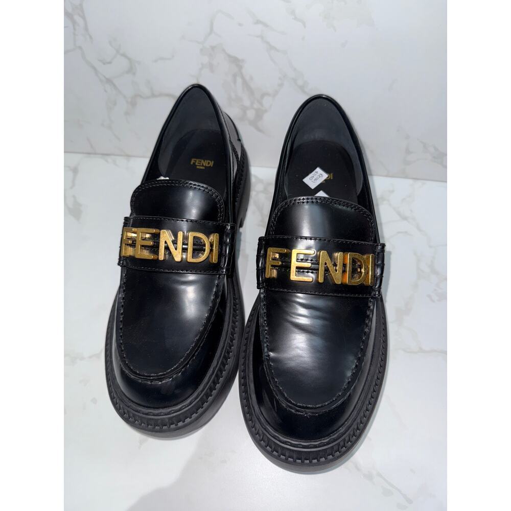 Fendi Loafers in Black with Gold Logo - Picture 1 of 6